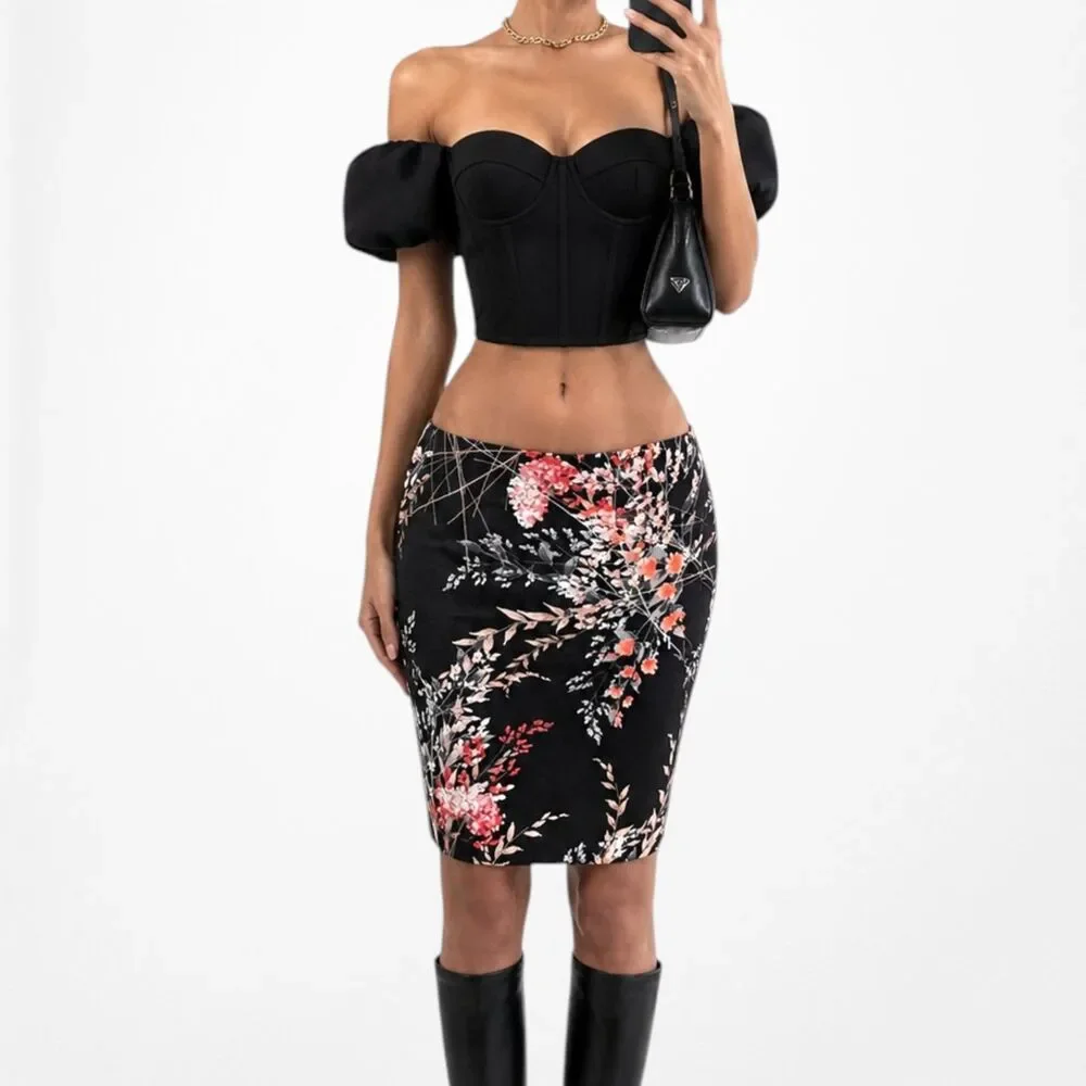 Vintage Y2K Black Floral Print Knee Length Straight Pencil Bodycon Skirt Size M